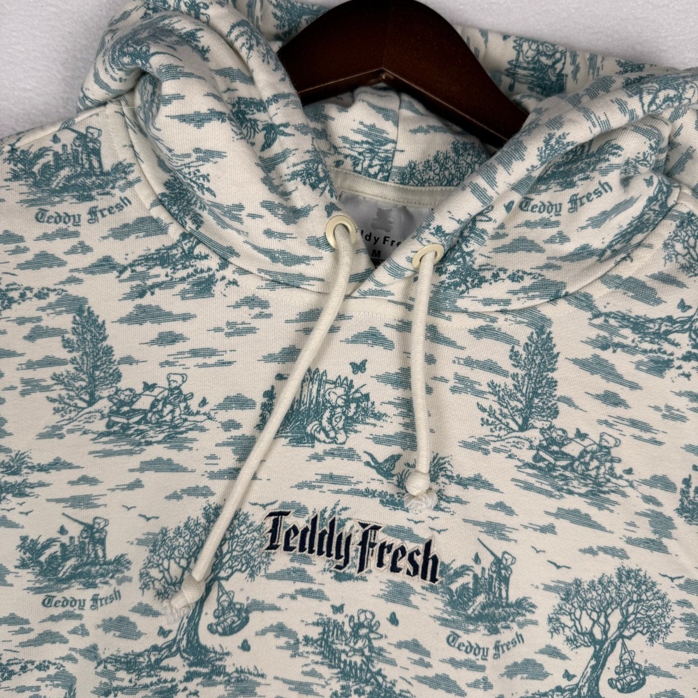 Teddy Fresh Toile De Jouy Hoodie Men M Cream Blue Bear Print Pullover Sweatshirt